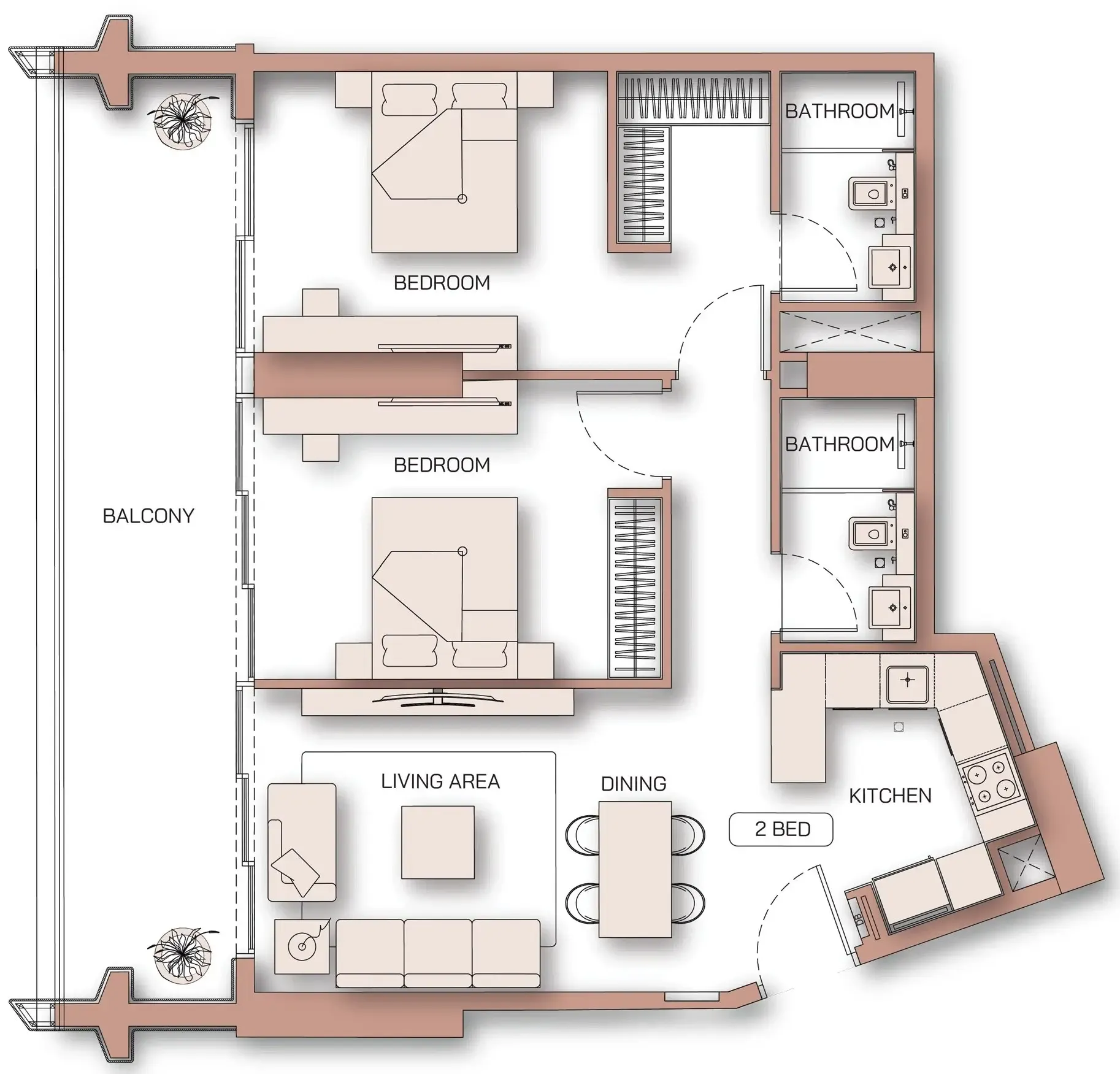 Binghatti Pinnacle 2 bed floor plan, 1,078 sqft