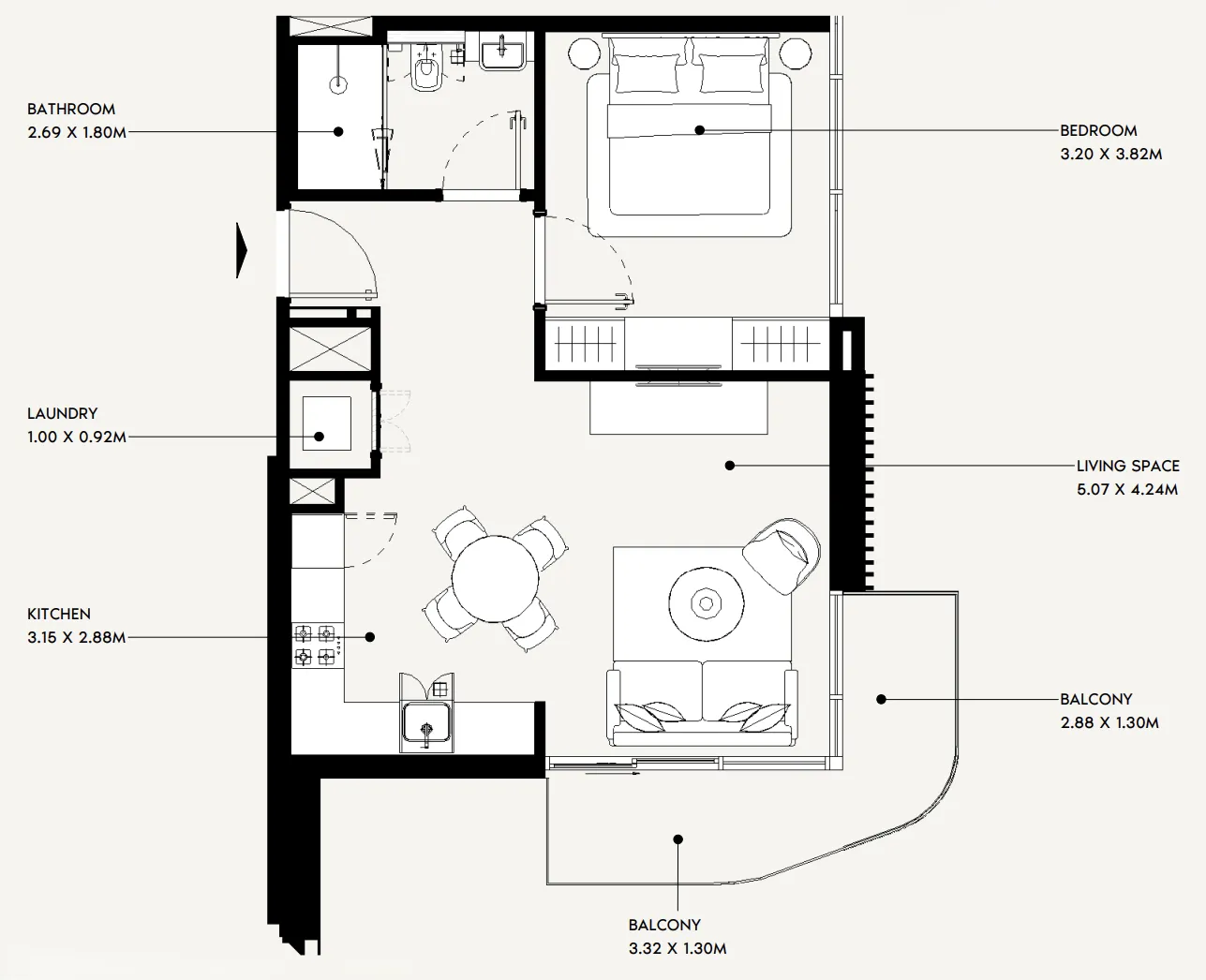 Jaddaf Beach Oasis 1 bed floor plan, 644 sqft