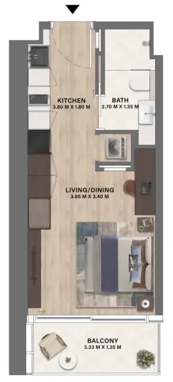 Mövenpick Residences Dubai Motor City Phase 1 Studio floor plan, 376 sqft