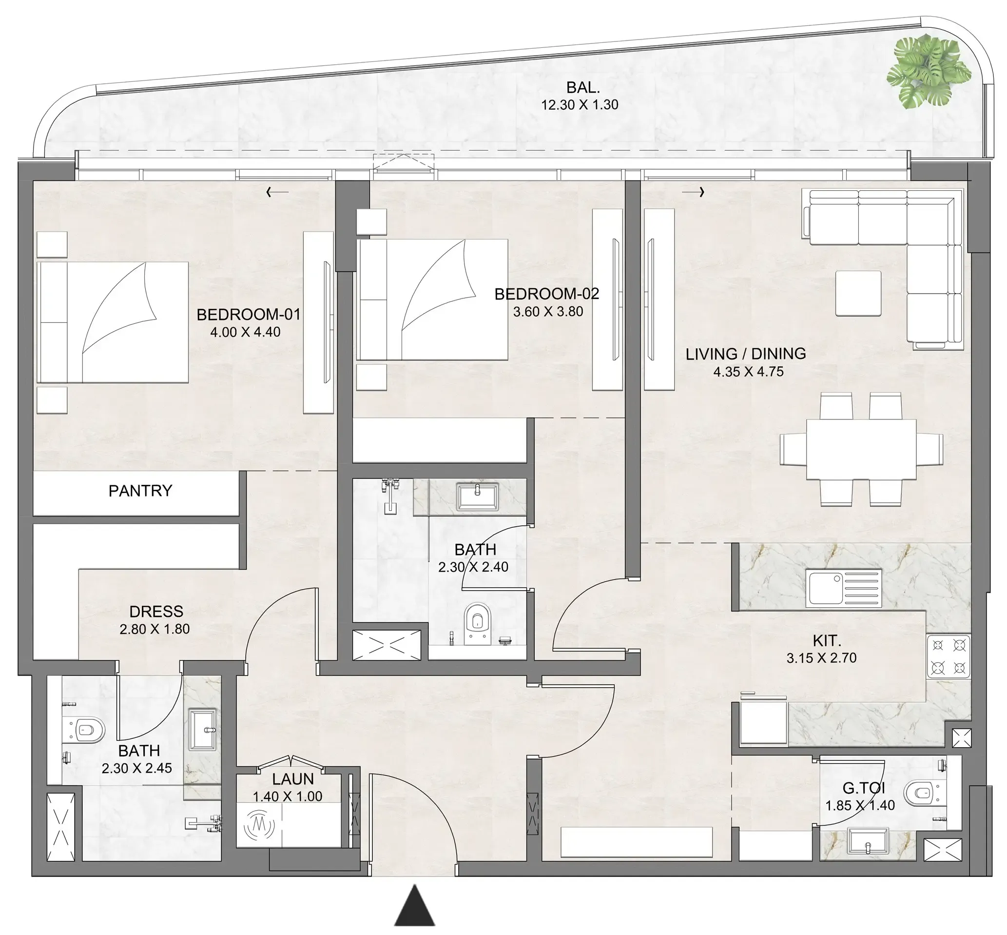 Luzora Residence 2 bed floor plan, 1,419 sqft