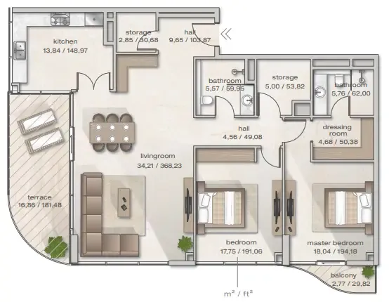 Zephyra Residences 2 bed floor plan, 1,660 sqft