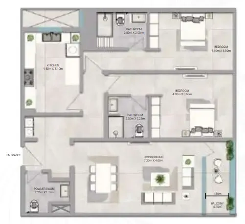 Amwaj Tower 2 bed floor plan, 1,861 sqft