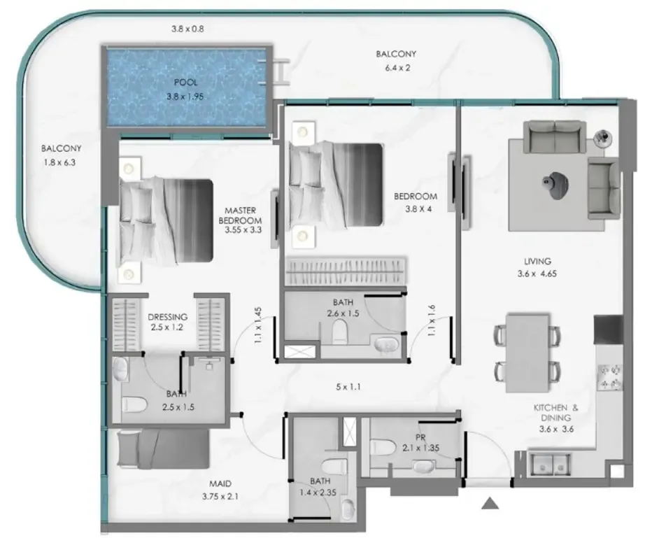 Samana Ocean Bay 2 bed floor plan, 1,418 sqft
