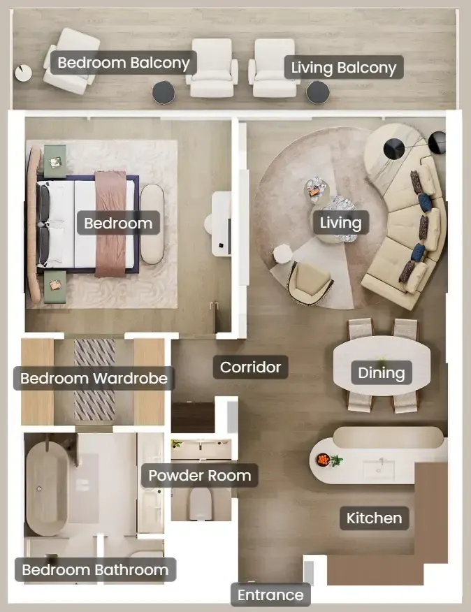 Mandarin Oriental Residences 1 bed floor plan, 1,089 sqft
