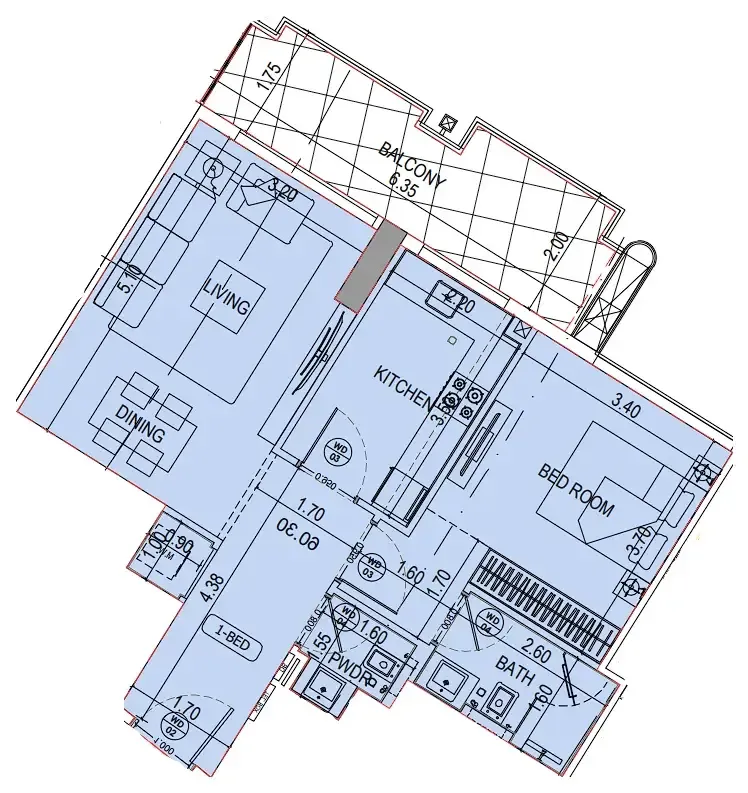 Binghatti Wraith 1 bed floor plan, 775 sqft