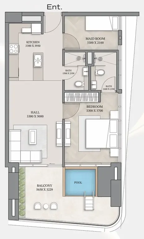 Empire Gardens 1 bed floor plan, 902 sqft