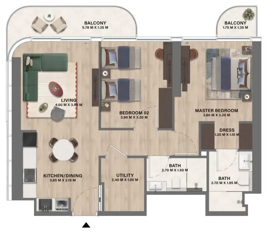 Mövenpick Residences Dubai Motor City Phase 1 2 bed floor plan, 991 – 1,054 sqft