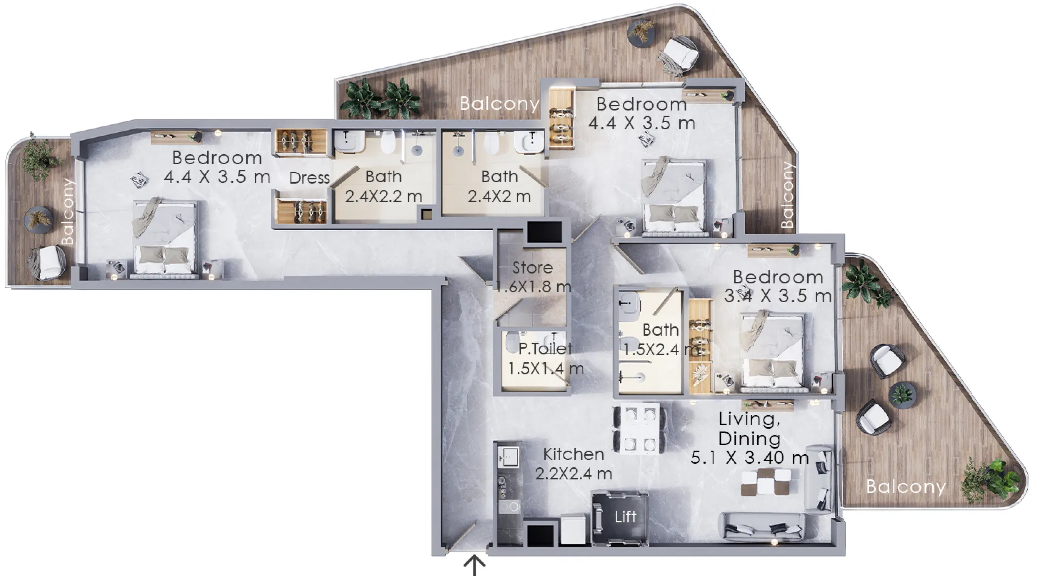 Terra Tower 3 bed floor plan, 2,394 sqft