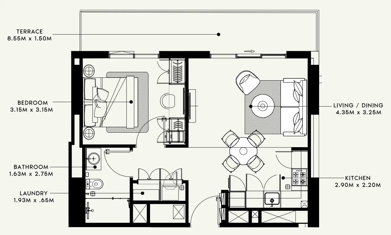 Beach Oasis 1 and 2 1 bed floor plan, 682 sqft