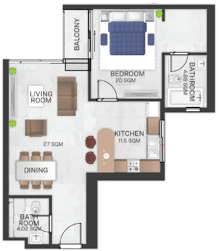Bluebell Residence 1 bed floor plan, 1,165 – 1,181 sqft