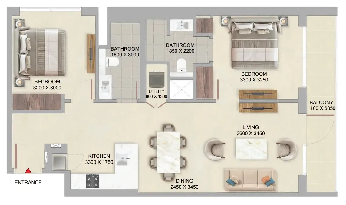 The Woods at Sobha Sanctuary 2 bed floor plan, 964 sqft