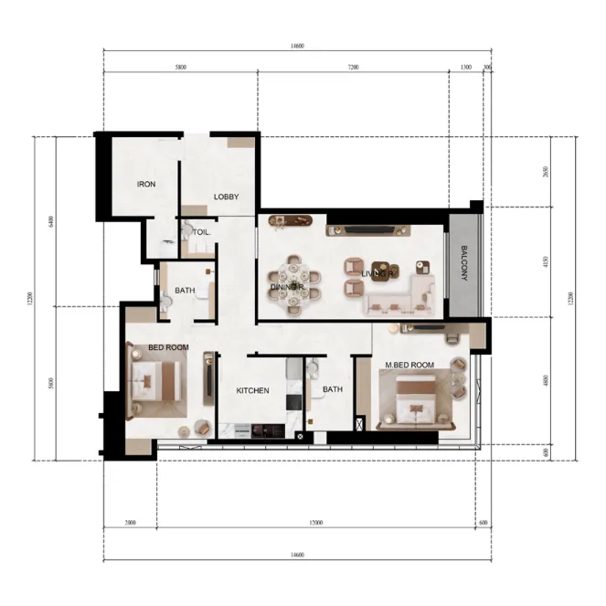 Lily Tower 2 bed floor plan, 1,415 sqft