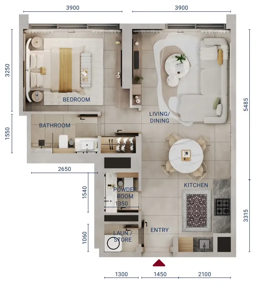 Mirdad 1 bed floor plan, 652 – 653 sqft