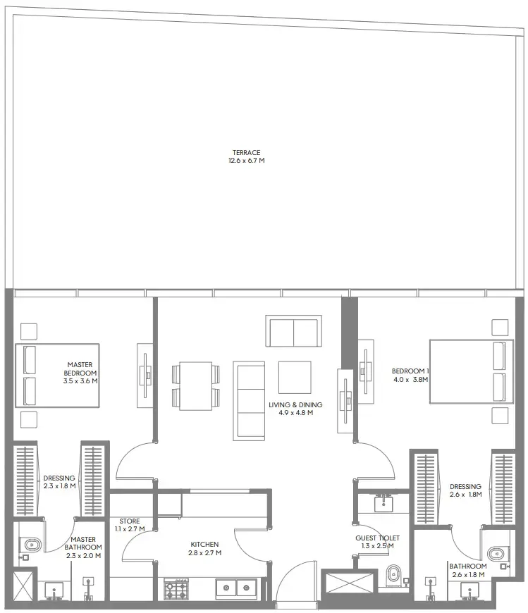 The Gate 3 and 4 2 bed floor plan, 1,918 – 2,026 sqft