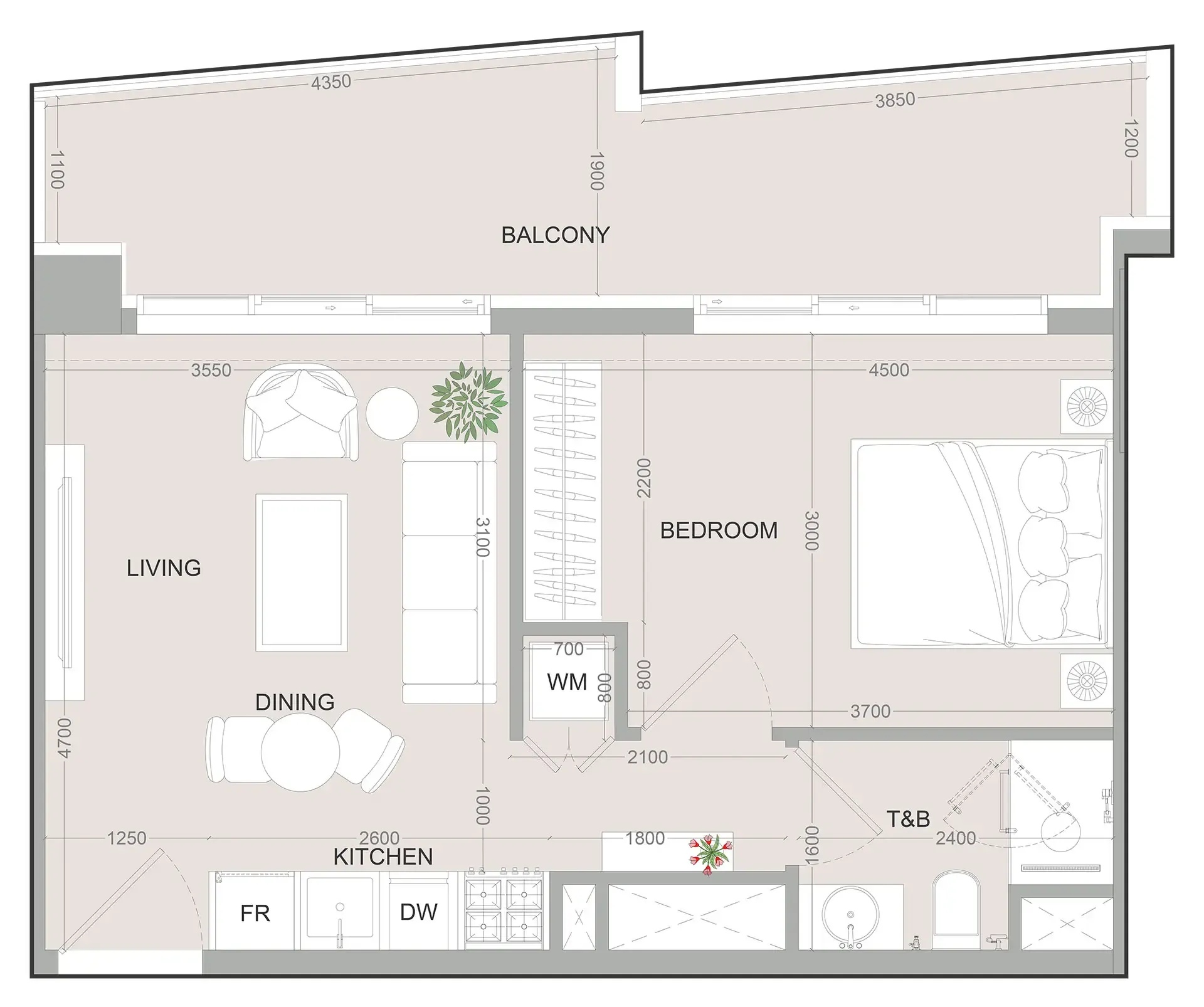SKY LEVEL 1 1 bed floor plan, 595 – 596 sqft