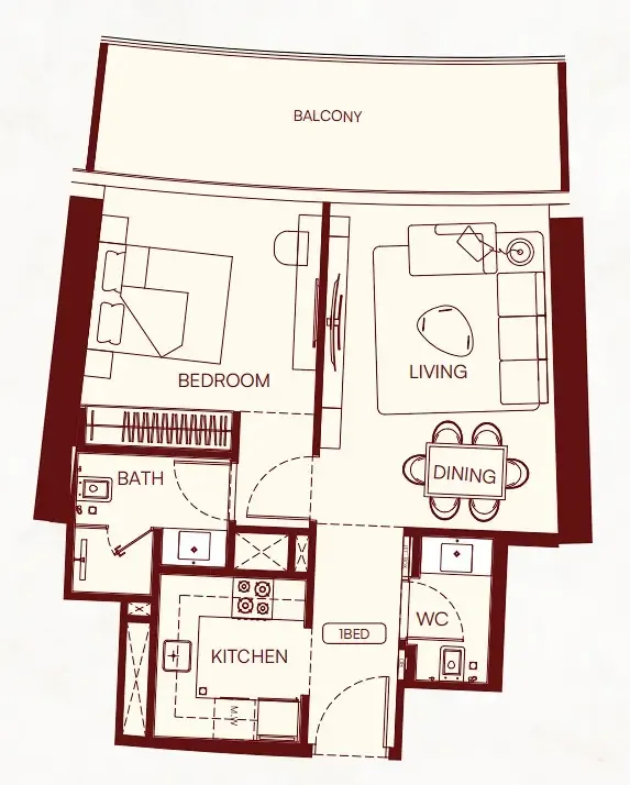Binghatti Skyflame 1 bed floor plan, 721 sqft