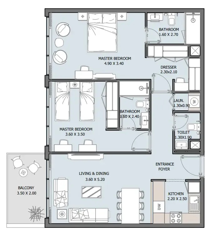 Oceana 2 bed floor plan, 1,019 sqft