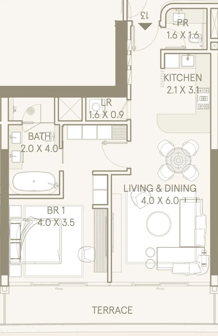 Saas Hills 1 bed floor plan, 945 – 1,086 sqft