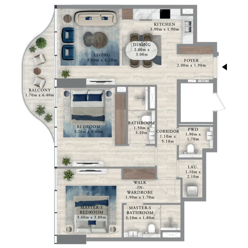 Royal Yacht Club Residence 2 bed floor plan, 1,152 sqft