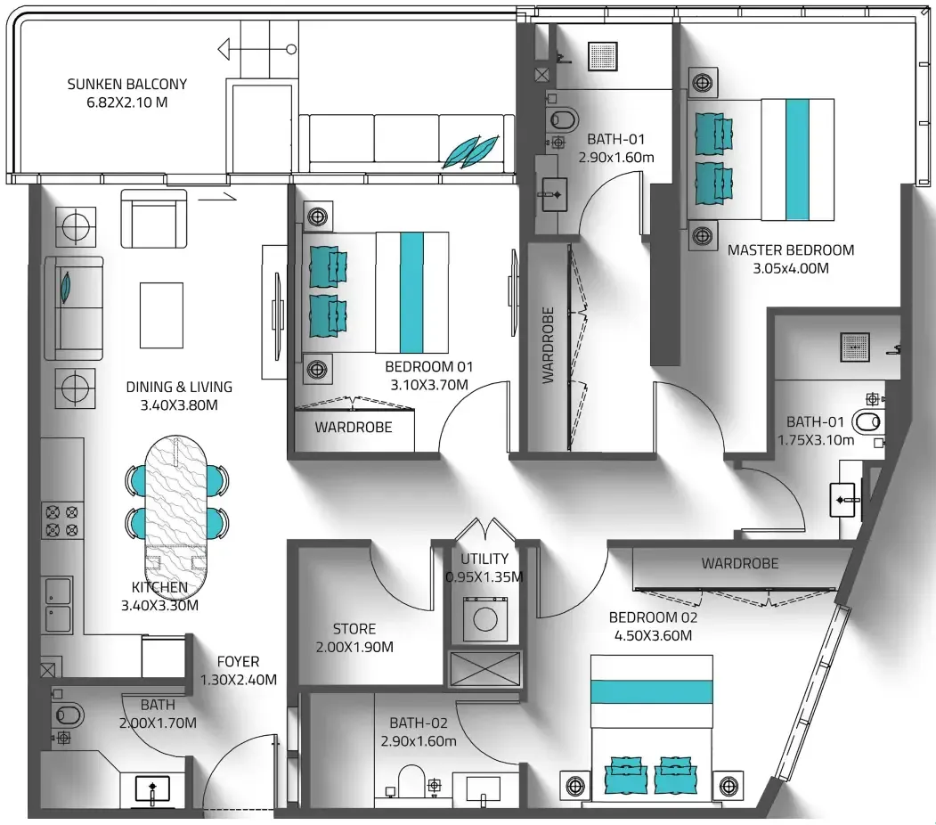 Reef 998 3 bed floor plan, 1,397 sqft