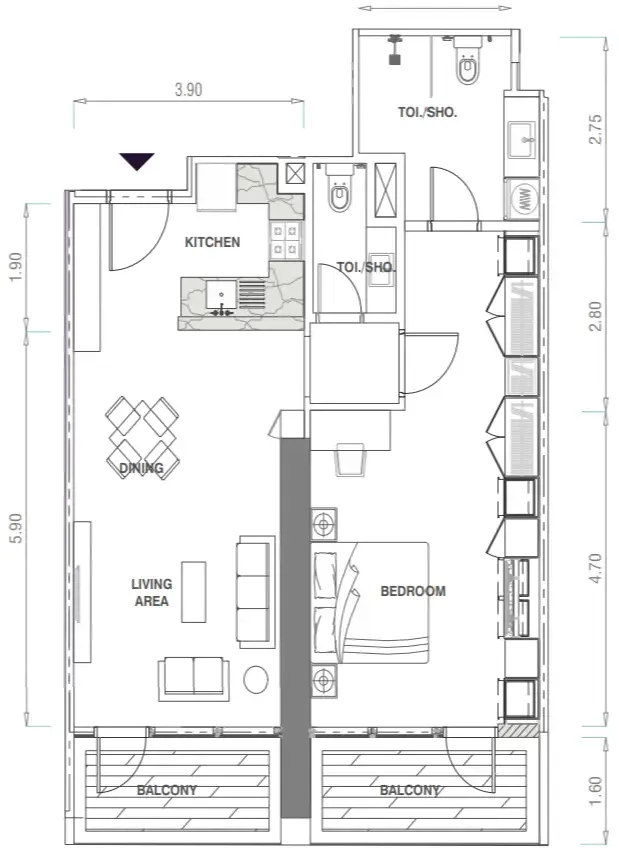 MBL Signature 1 bed floor plan, 935 sqft