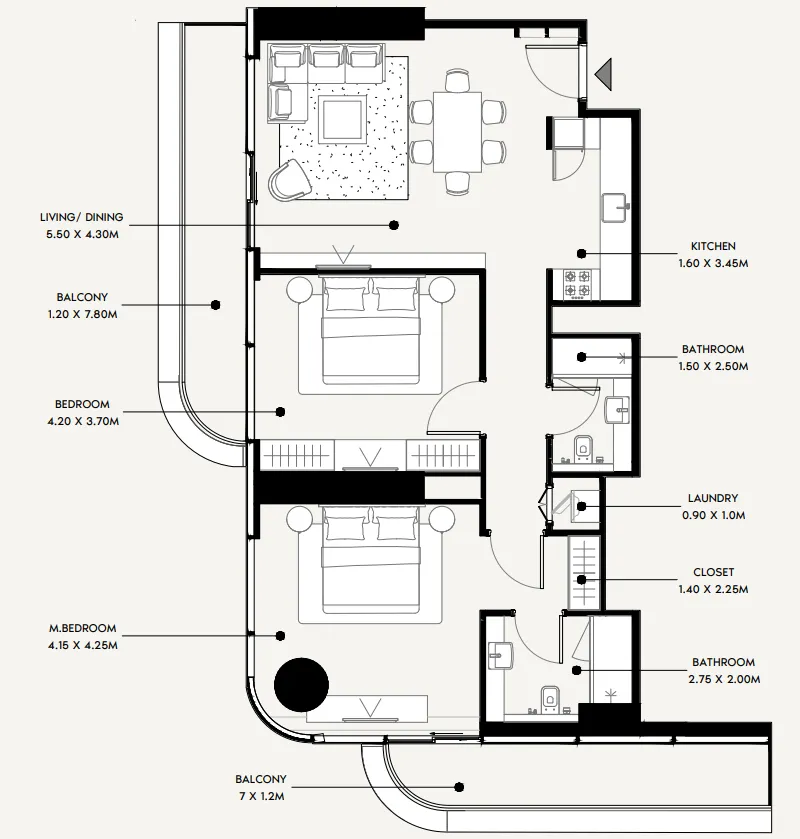 Azizi Milan 2 bed floor plan, 1,163 sqft