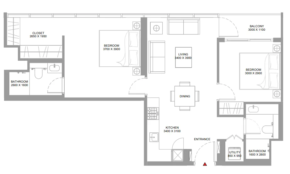 Bayside Marina Residences 2 bed floor plan, 841 sqft