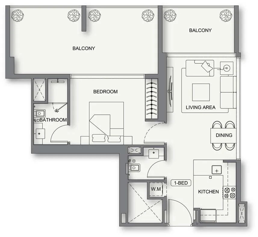 Binghatti Cullinan 1 bed floor plan, 877 – 887 sqft