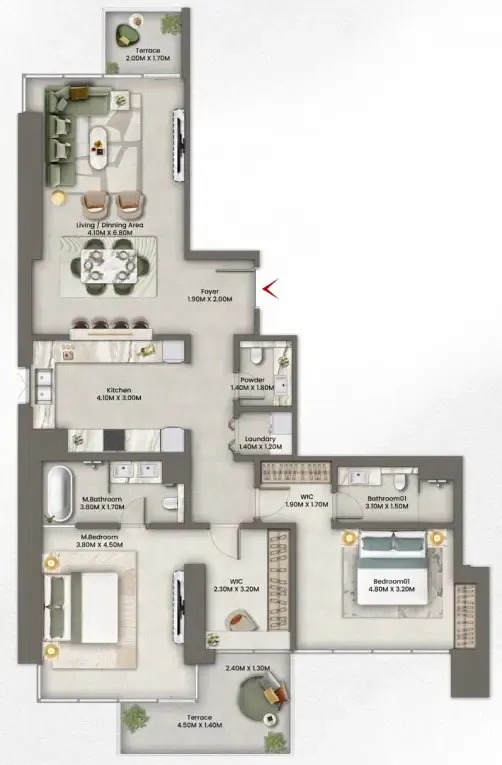 Anwa Aria 2 bed floor plan, 1,450 – 1,483 sqft