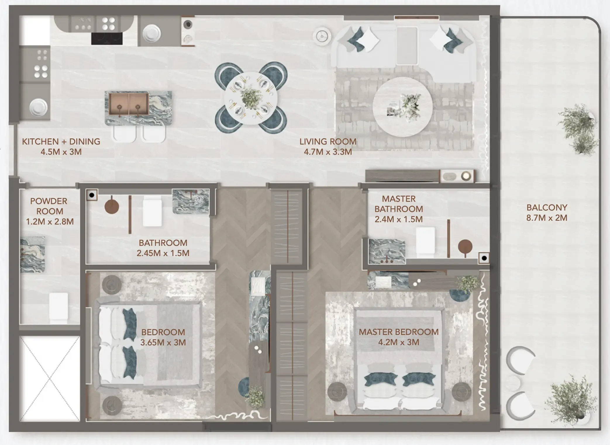 241 Waterside 2 bed floor plan, 986 sqft