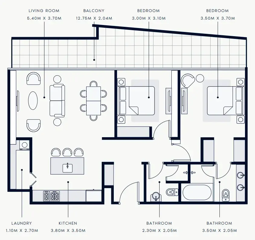 Riviera Rêve 2 bed floor plan, 1,268 sqft
