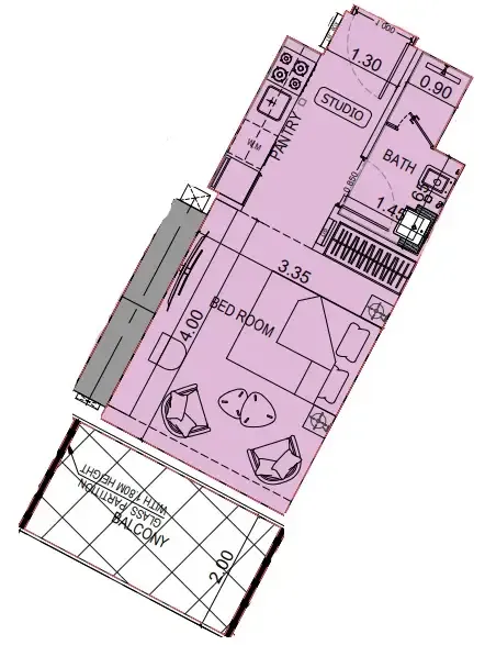 Binghatti Flare Studio floor plan, 384 sqft