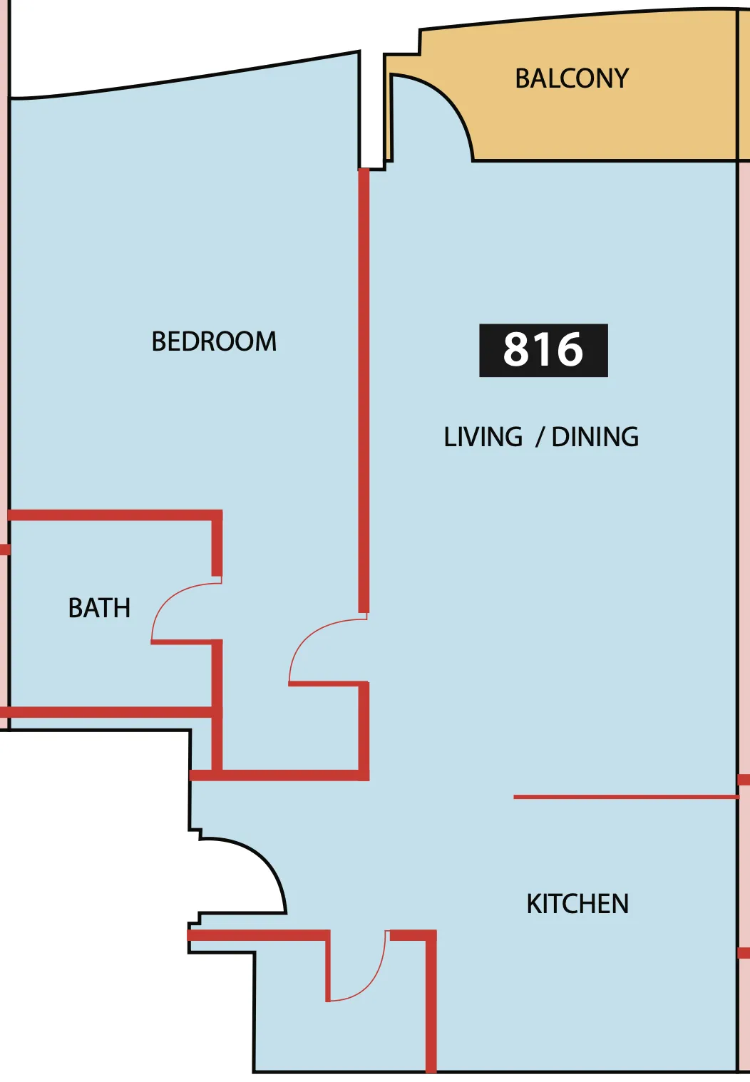 Paradise View 1 1 bed floor plan, 835 sqft