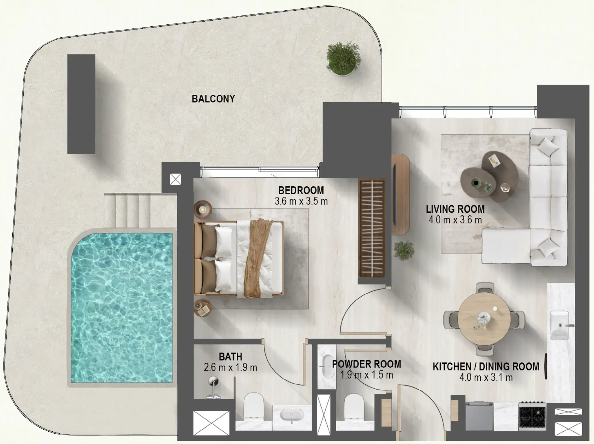 Sanctuary 1 bed floor plan, 1,066 sqft