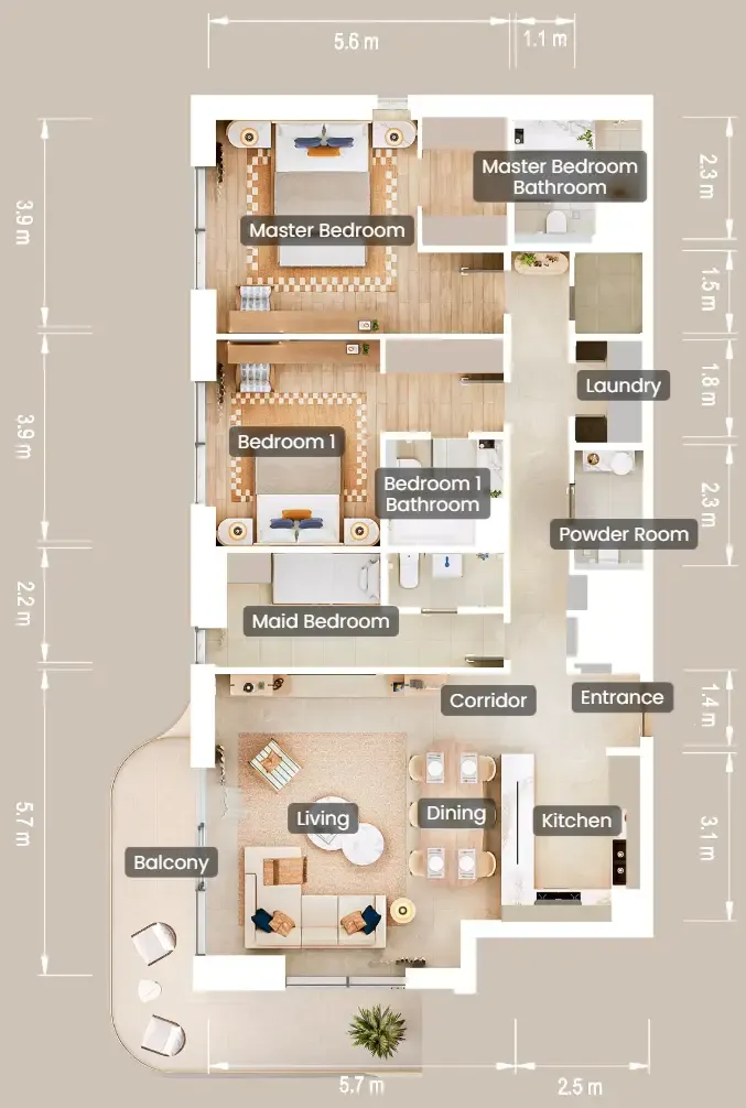 The Beach House Fahid 2 bed floor plan, 1,612 sqft