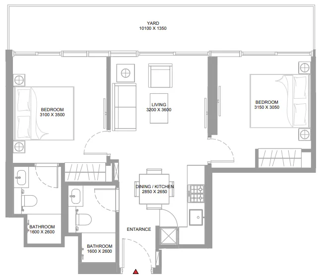 Yachtside Marina Residences 2 bed floor plan, 825 – 826 sqft