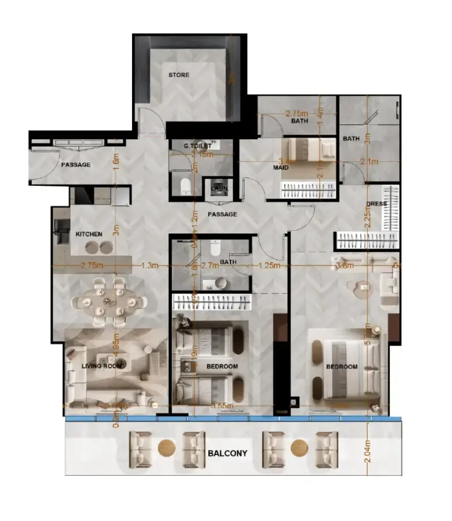 Radiant Terrace 2 bed floor plan, 1,745 sqft