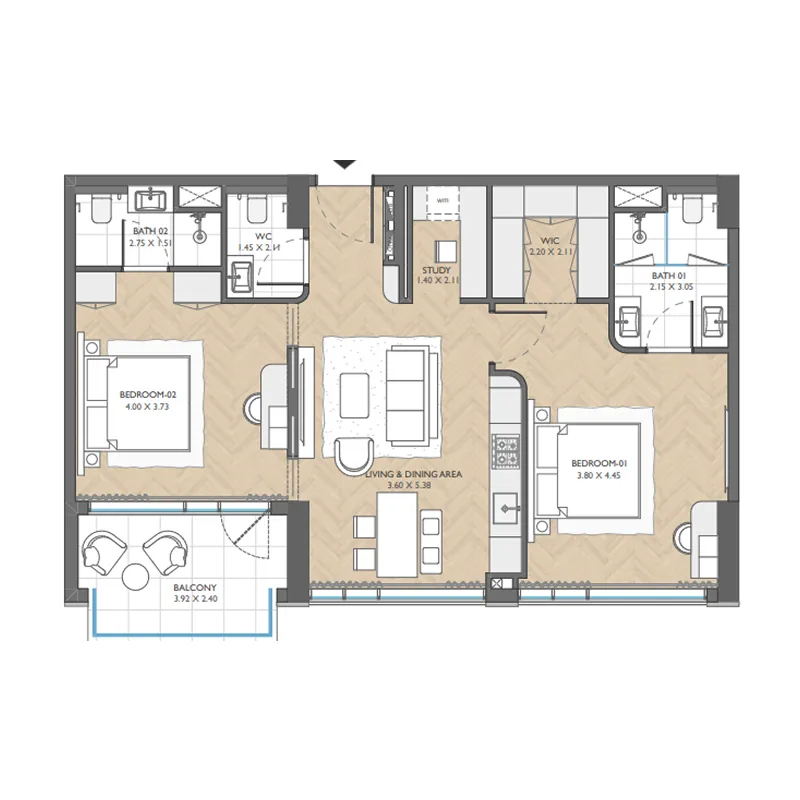The Collective 2 bed floor plan, 1,073 sqft