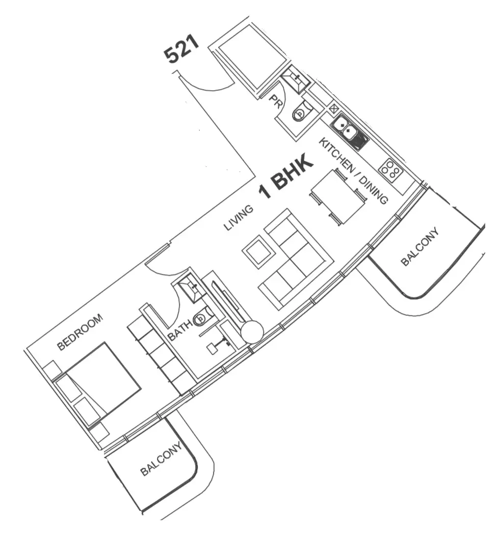 Villa Del Garda 1 bed floor plan, 744 sqft