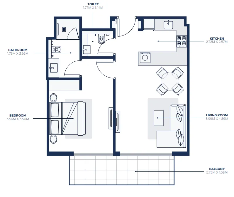 Creek Views 3 1 bed floor plan, 733 sqft
