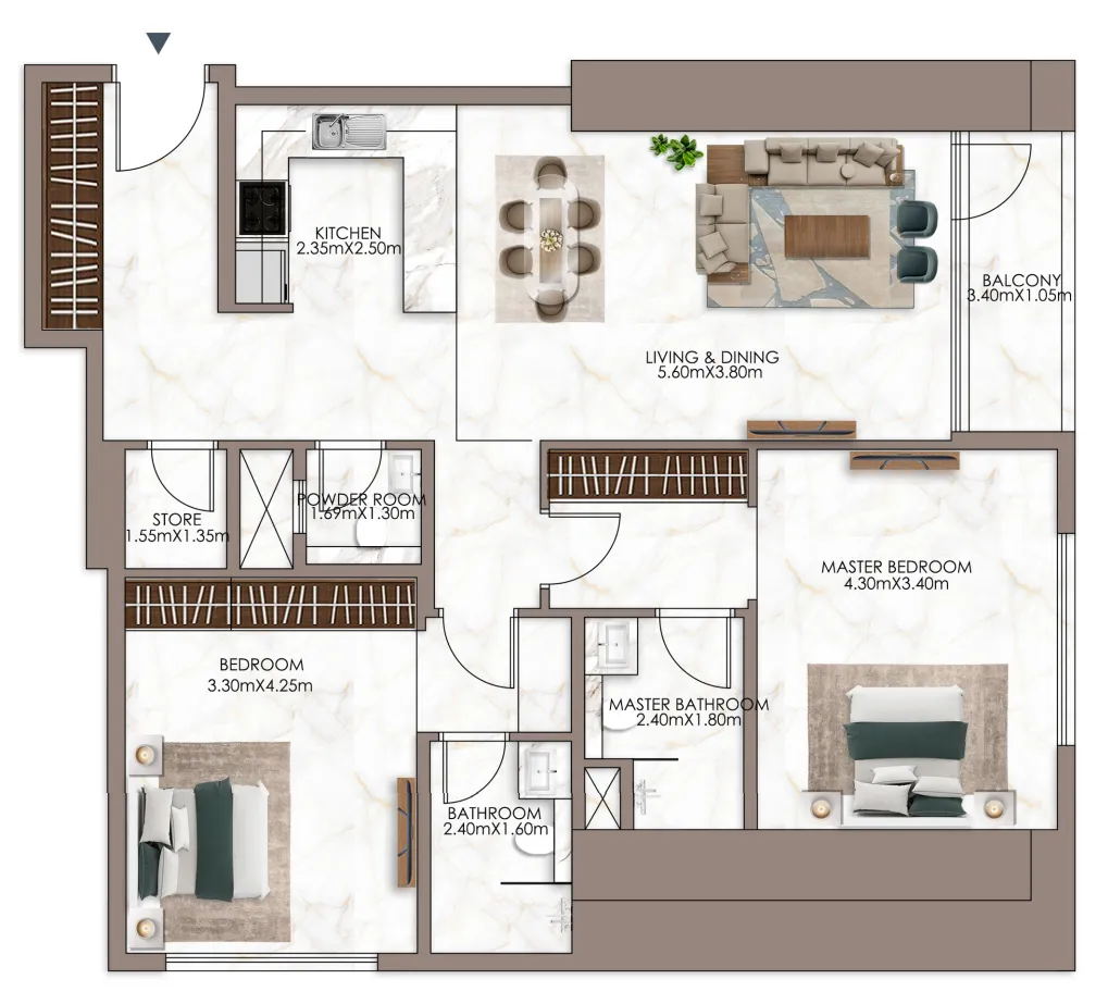 Sky Gardens Tower 2 bed floor plan, 1,601 sqft