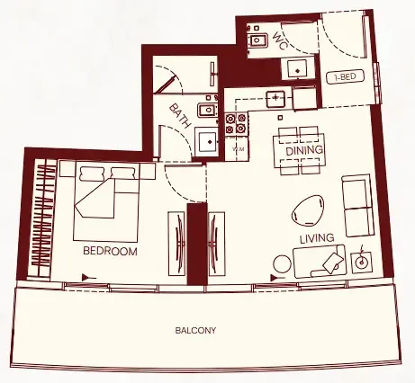 Binghatti Skyflame 1 bed floor plan, 740 sqft
