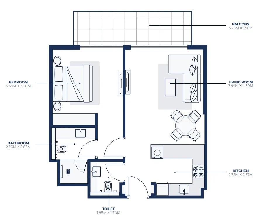 Creek Views 3 1 bed floor plan, 733 sqft