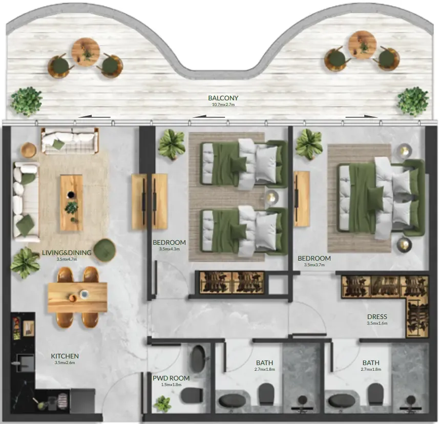 Aqua Maya 2 bed floor plan, 1,031 sqft
