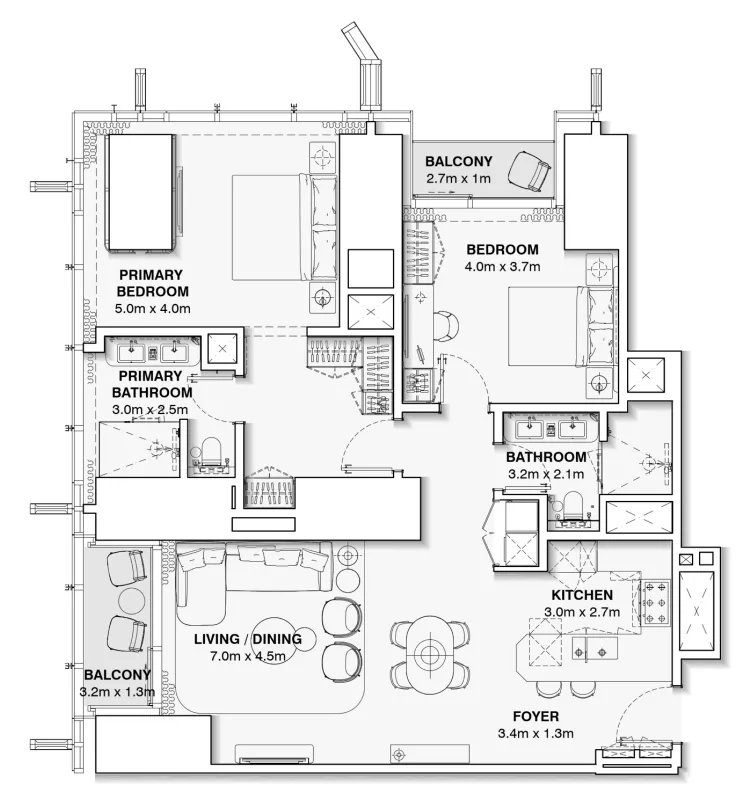 Burj Azizi 2 bed floor plan, 1,412 sqft