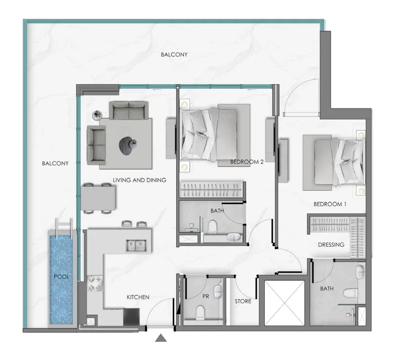 Ocean Crest 2 bed floor plan, 1,293 – 1,572 sqft