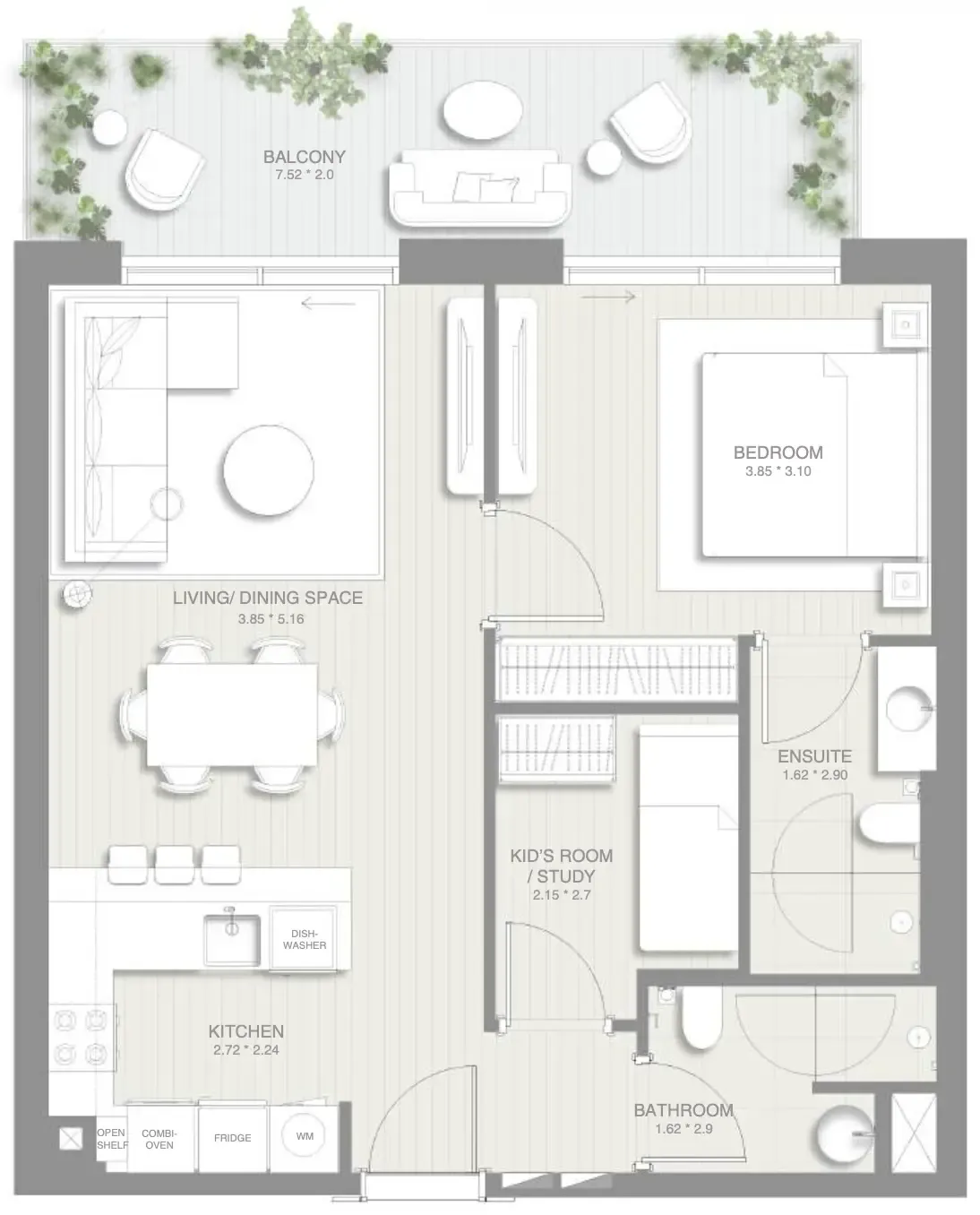 Sol Levante 1 bed floor plan, 870 sqft