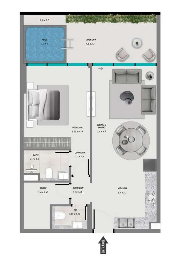 Samana Resorts 1 bed floor plan, 889 sqft