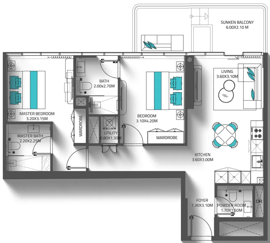Reef 998 2 bed floor plan, 469 sqft