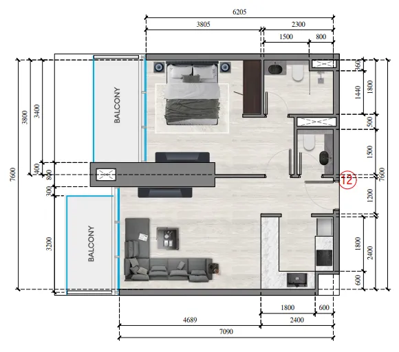 Auresta Tower 1 bed floor plan, 683 sqft